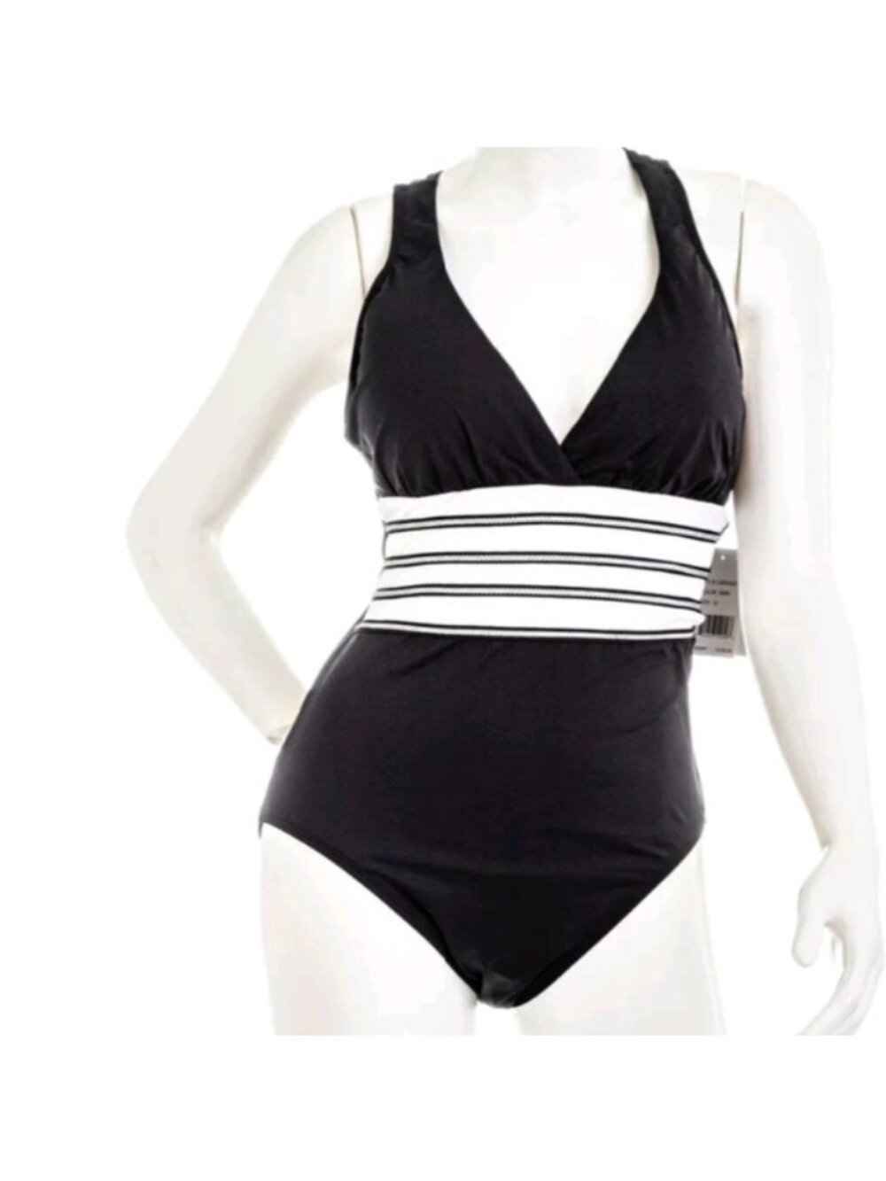 La Blanca Deep V Crossback one piece Swimsuit, Zig and Zag, Black White, 6